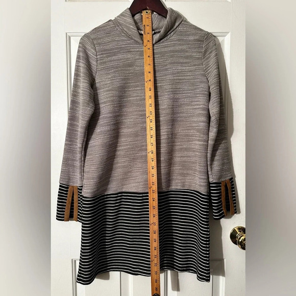 THML Anthropologie Cowl Neck Stripe Gray Black Dress Stretch Faux Suede Trim XS - Picture 9 of 14